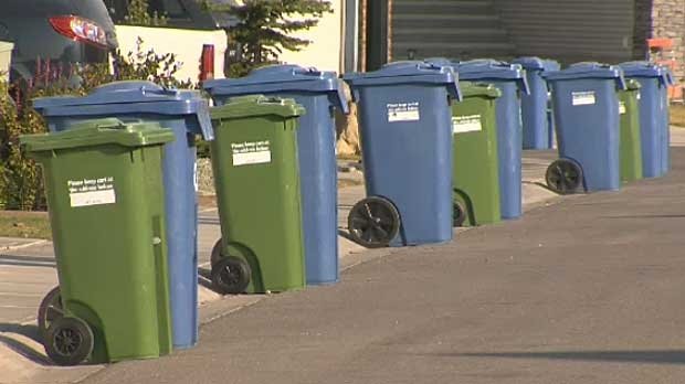 Row of bins at the curb on collection day